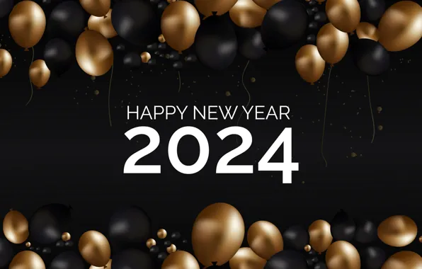 Balls, balloons, the inscription, figures, New year, white, black background, gold