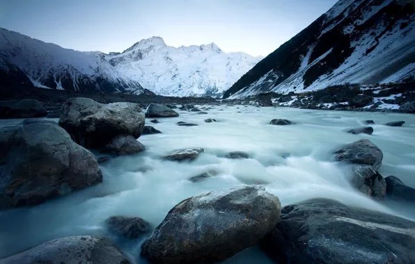 Winter, landscape, mountains, river, ice