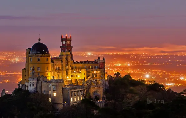 Lights, Night, The city, Horizon, Portugal, Portugal, The National Palace, Sintra Pena