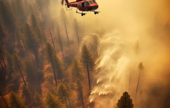 Trees, Smoke, Fire, Forest, Fire, Helicopter, Digital art, Water discharge