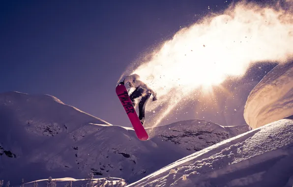 Picture the sky, snow, sunset, mountains, jump, snowboard, snowboarding, the descent
