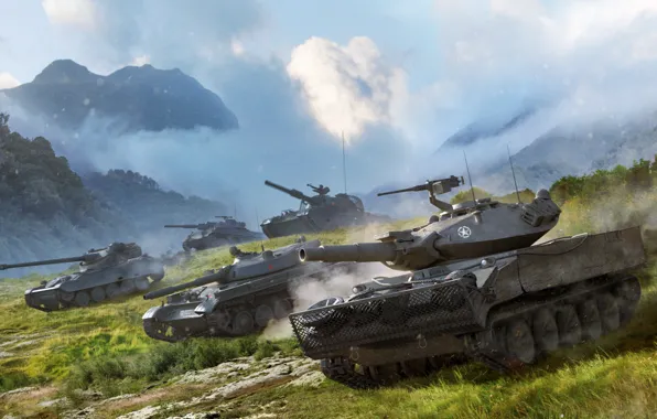 Picture The sky, Clouds, Mountains, Grass, Tanks, WoT, World of Tanks, World Of Tanks