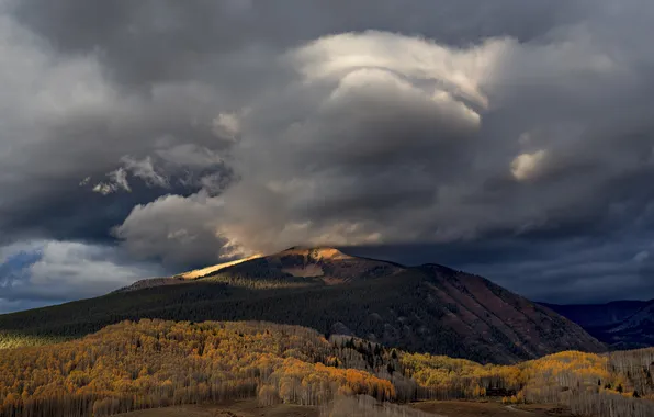 Autumn, forest, the sky, light, mountains, clouds, hills, the slopes