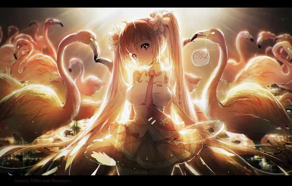 Tie, vocaloid, the rays of the sun, Vocaloid, Flamingo, a lot, pink hair, Sakura, Mike
