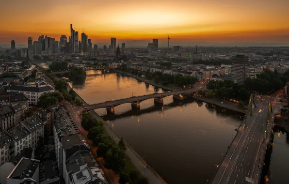 Road, the sky, bridge, the city, river, building, home, dal