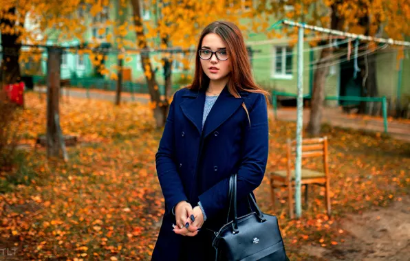 Autumn, leaves, girl, trees, model, portrait, makeup, glasses