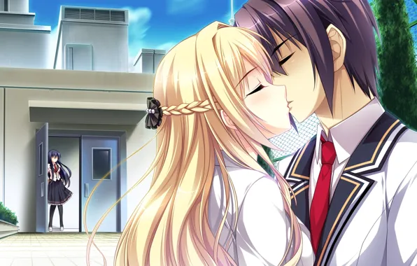 Kiss, tie, form, students, on the roof, visual novel, voyeurism, mote sugite shuraba na ore