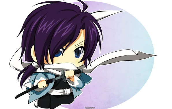 Katana, head, scarf, white background, cloak, Chibi, art, sheath