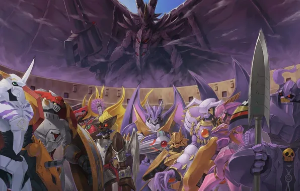 Picture weapons, wings, anime, robots, art, digimon, omegamon, craniamon