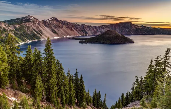 Picture nature, lake, island, crater, Oregon, national park, Crater lake