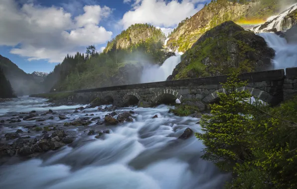 Mountains, bridge, river, pond, aqueduct