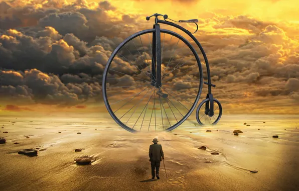 Sand, sea, the sky, clouds, light, sunset, clouds, bike