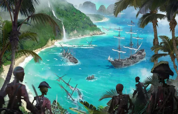 Ships, Bay, pirates, skeletons