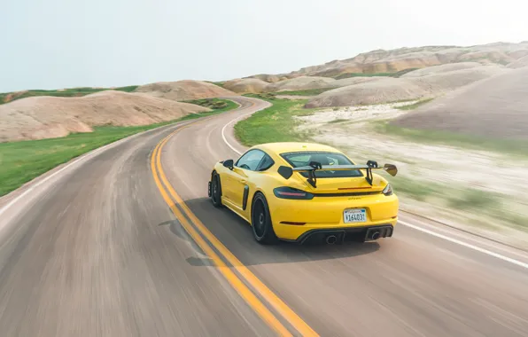 Picture Porsche, Cayman, yellow, rear view, Weissach Package, 718, Porsche 718 Cayman GT4 RS