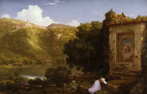 The sky, landscape, mountains, lake, picture, prayer, Thomas Cole