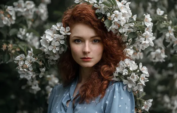 Picture look, girl, flowers, branches, model, portrait, makeup, garden