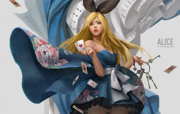 Neckline, grey background, keys, Alice in Wonderland, long hair, Alice in Wonderland, Alice, blue dress