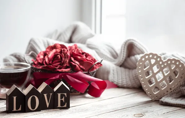 Light, love, flowers, holiday, the inscription, tea, cubes, heart