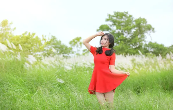 Picture summer, girl, red, dress, walk, legs, Asian