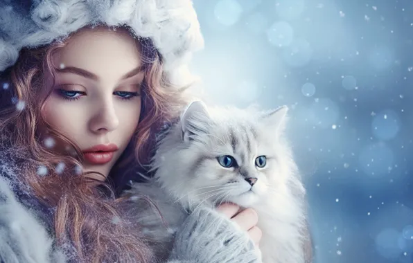 Winter, cat, white, cat, look, girl, snow, face