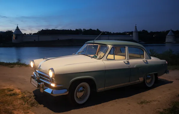 Machine, night, the city, retro, river, car, Volga, Pskov