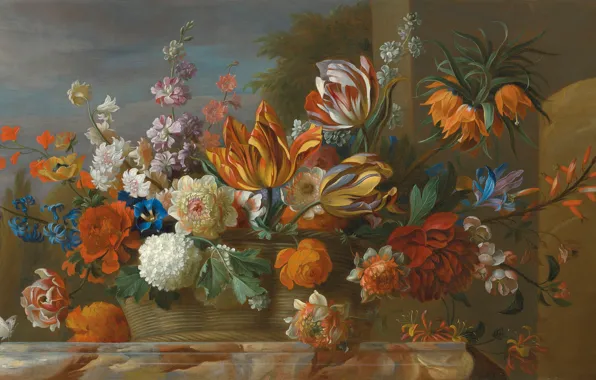 Flowers, oil, still life, Jakob Bogdani, «Tulips peonies and other flowers in a basket»