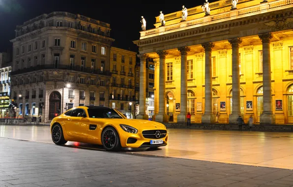 Picture Mercedes-Benz, Front, AMG, Square, Night, Place, Yellow, Supercar