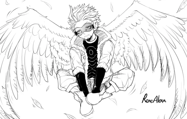 Wings, angel, art, guy, black and white, My Hero Academia, Boku No Hero Academy, My …