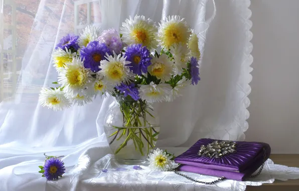 Flowers, table, bouquet, curtains, handbag, still life, asters