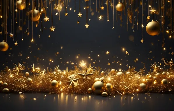 Stars, balls, light, lights, the dark background, gold, Shine, sequins