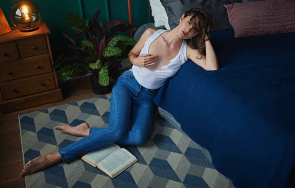 Girl, pose, bed, jeans, book, Mat, Sergey Fat, Disha Shemetova