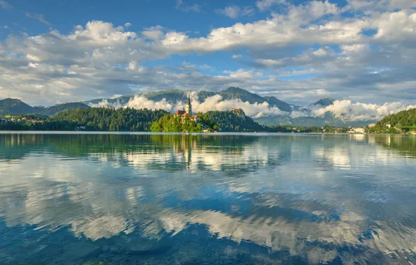The sky, clouds, mountains, reflection, mirror, Slovenia, Lake Bled, Church Of The Assumption