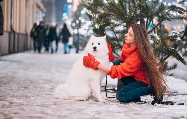 Winter, girl, light, snow, the city, lights, pose, each