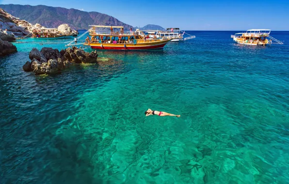 Sea, landscape, mountains, nature, rocks, boat, yacht, Turkey