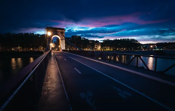 Picture night, bridge, the city, Auvergne-Rhone-Alpes, Vaise Rochecardon Industry, Arrondissement of Lyon