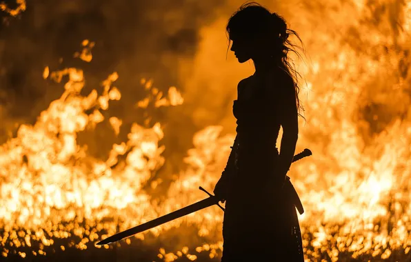 Picture warrior, women, silhouette, women with swords, AI art, sword, orange, side view