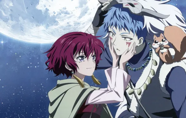 Necklace, the full moon, blue hair, demon mask, squirrel, Dawn Yona, Yona, Akatsuki no Yona