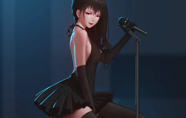 Picture look, girl, stockings, anime, dress, art, microphone, sitting