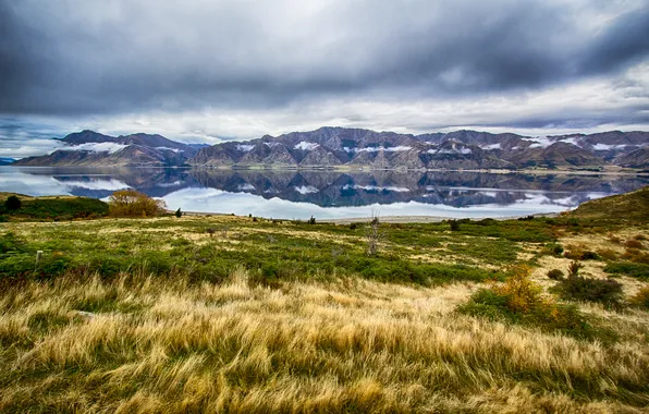 Autumn, the sky, grass, clouds, snow, mountains, lake, new Zealand