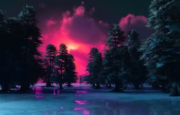 The sky, water, the sun, snow, trees