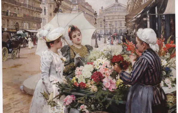 Picture flowers, saleswoman, de SCHRYVER, two women with umbrella