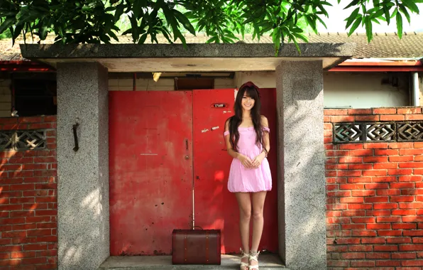 Summer, girl, face, smile, hair, dress, suitcase, legs