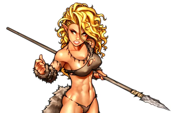 Chest, girl, elf, body, art, blonde, tail, spear