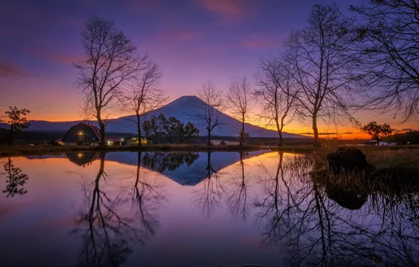 Night, lights, lake, home, Japan, glow, Mount Fuji