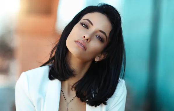 Look, background, portrait, makeup, brunette, hairstyle, beautiful, in white