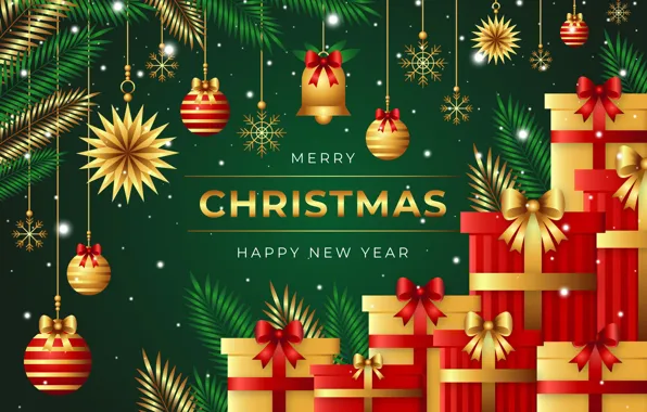 Balls, snowflakes, Christmas, gifts, New year, Christmas decorations, Christmas decorations, green background