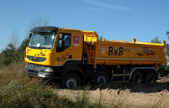 Orange, truck, Renault, the ground, 8x8, dump truck, four-axle, Renault Trucks