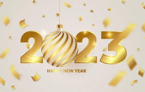 Ball, figures, New year, gold plated, light background, date, 2023