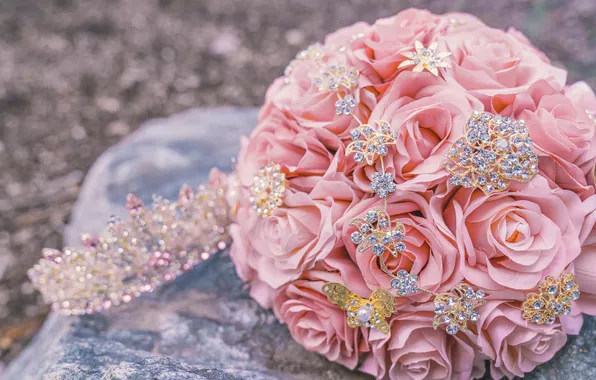 Decoration, flowers, roses, bouquet, crown, rhinestones, pink, wedding bouquet