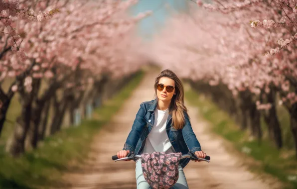 Road, light, trees, flowers, branches, bike, cherry, Park